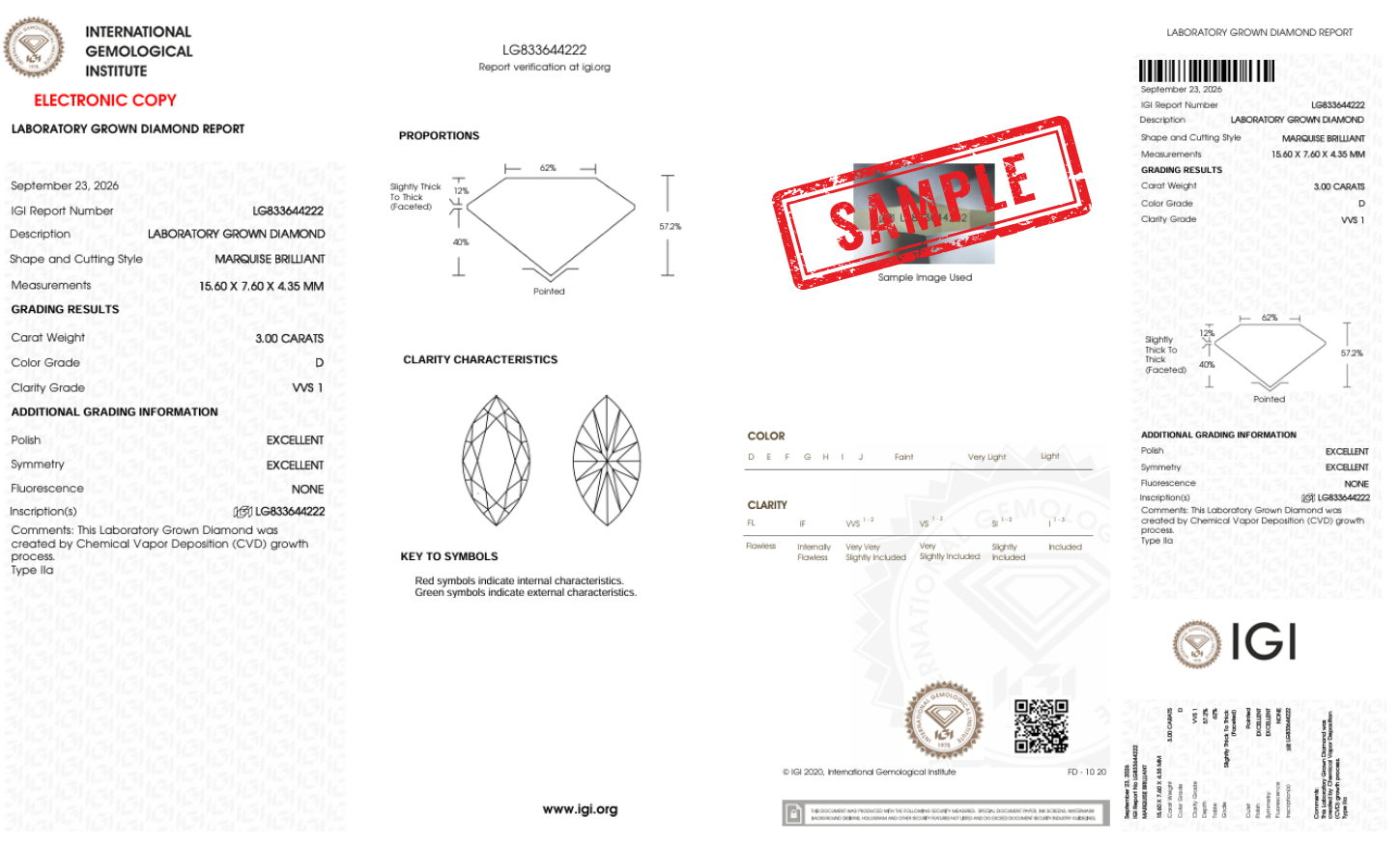3.00ct Marquise Brilliant Cut Diamond, D Color VVS1 Clarity, Lab Grown Diamond, IGI Certified